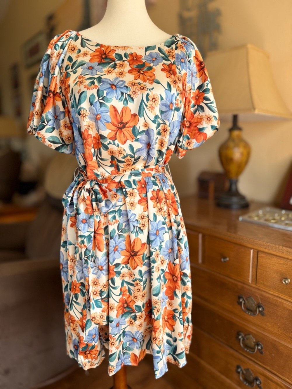 NWT Umgee Cream Floral Tie-Waist Mini Dress with Orange & Blue Blooms - Picture 2 of 9